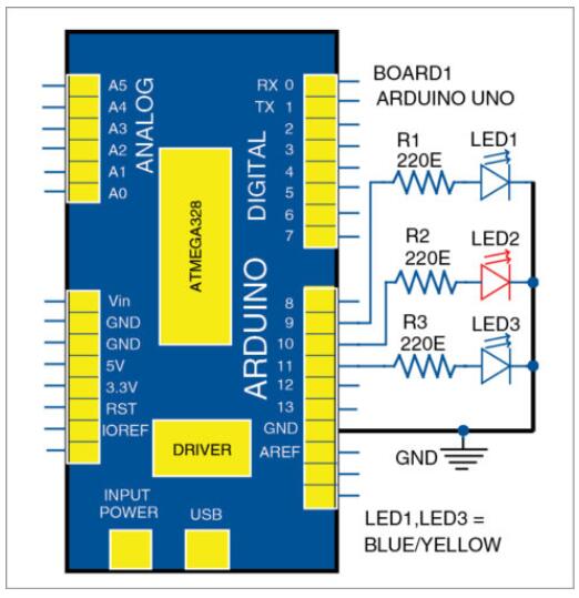 如何使用Arduino Uno开发板和三个LED制作的电子蜡烛