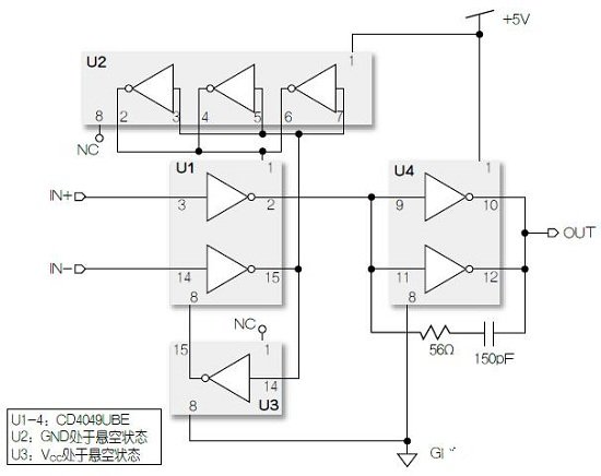 使用四个CD4049UBE六反相器实现二级运算放大器的设计