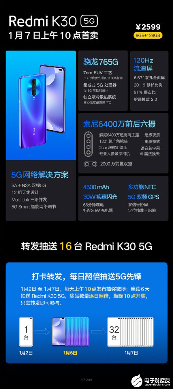 Redmi K30 5G版将于1月7日开售搭载骁龙765G平台支持双模5G网络