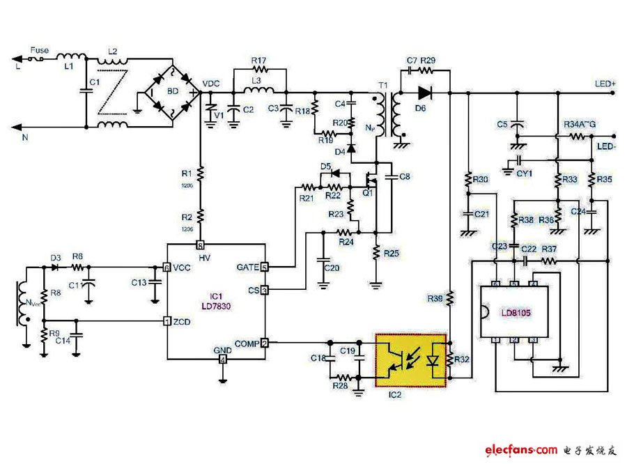 LD7830+LD8105组成的24V-0.7A电源电路