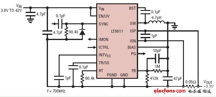 具有1A输出电流限值的-3.3V负转换器电路图