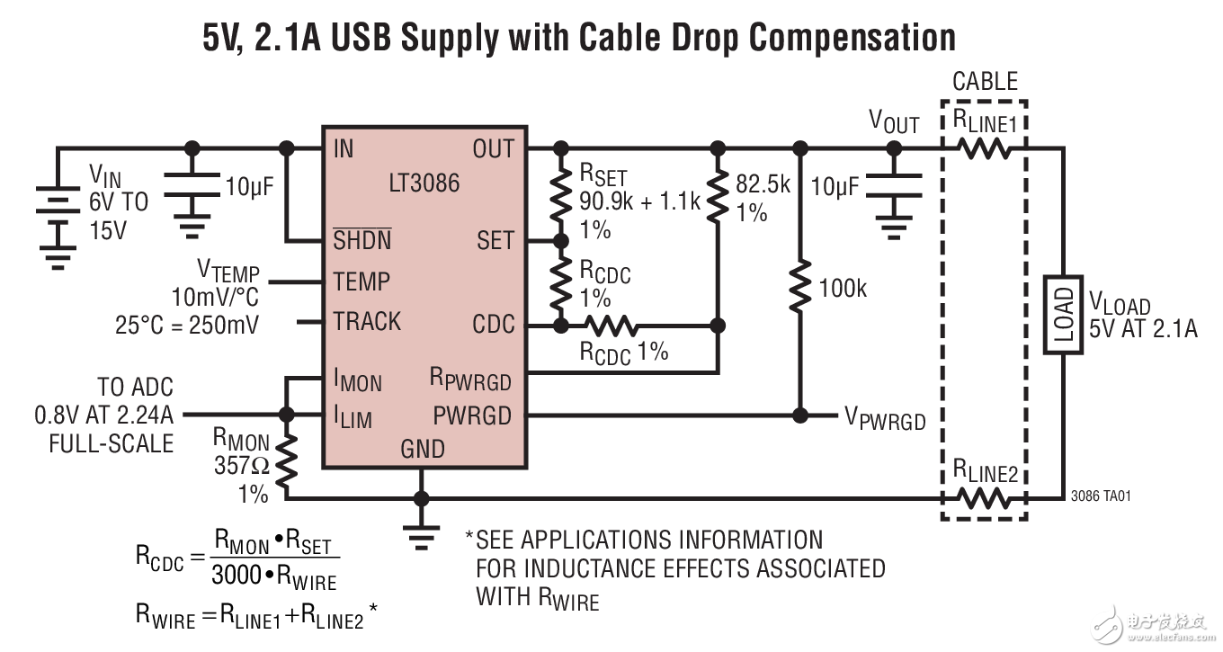 5V, 2.1A USB Supply with Cable Drop Compensation具电缆压降补偿功能的5V/2.1A USB电源电路图