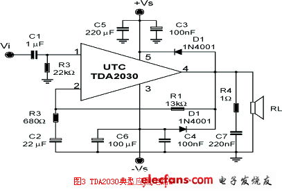 简易TDA2030音频功率放大电路