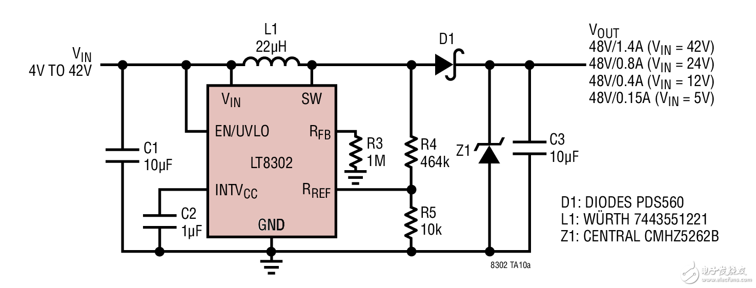 4V to 42VIN/48VOUT Boost Converter4V~42V输入/48V输出(1.4A)升压型转换器电路图