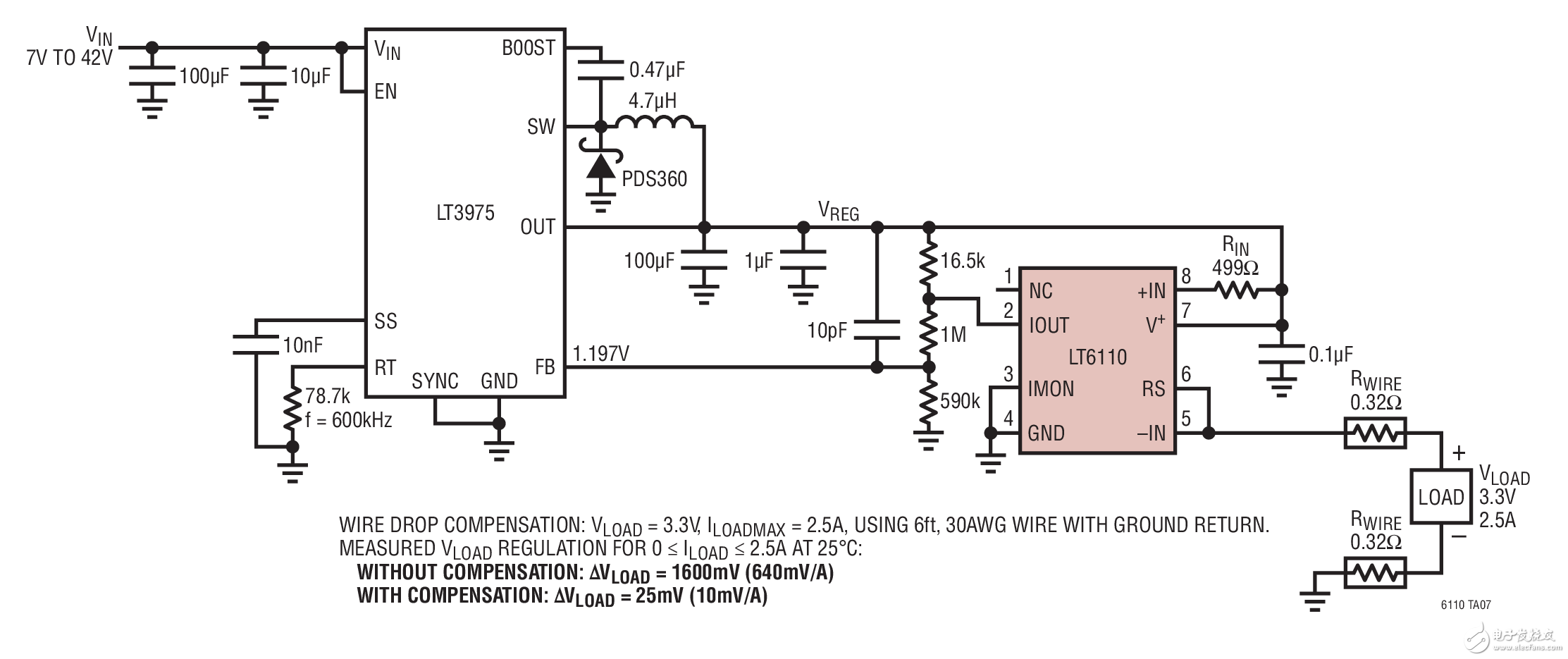 LT6110 with Internal RSENSE and LT3975 Buck Regulator at 3.3V采用内部RSENSE和LT3975降压型稳压器的LT6110(在3.3V)
