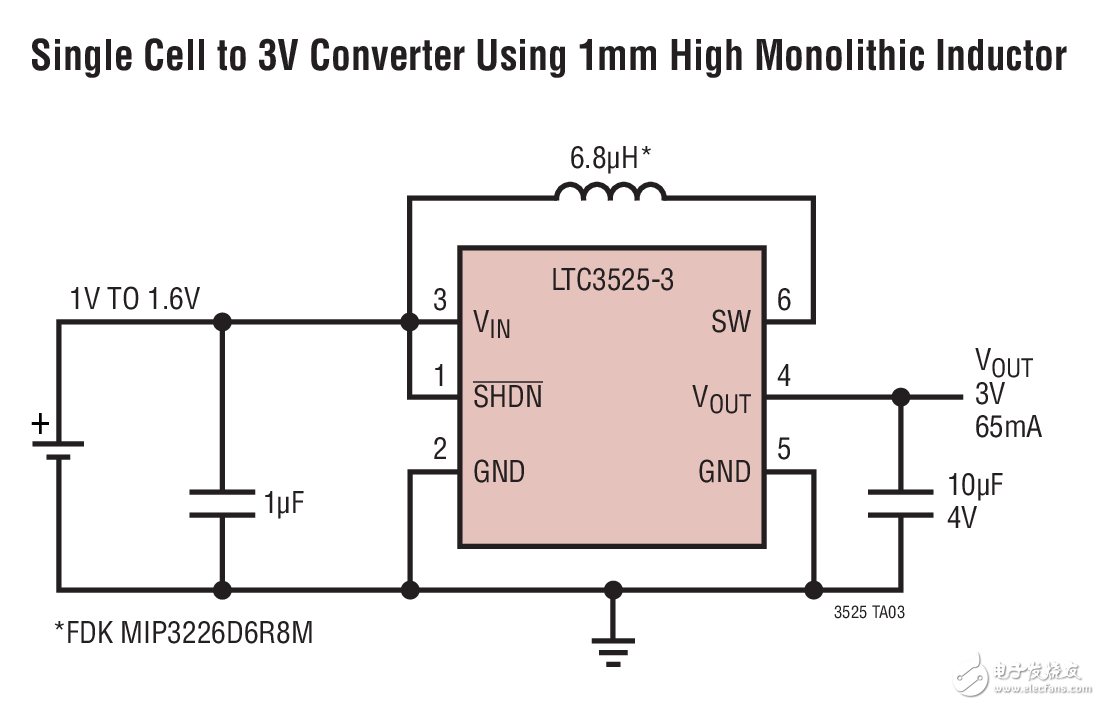 LTC3525：用于单节碱性电池的紧凑高效升压型转换器 Single Cell to 3V Converter Using 1mm High Monolithic Inductor