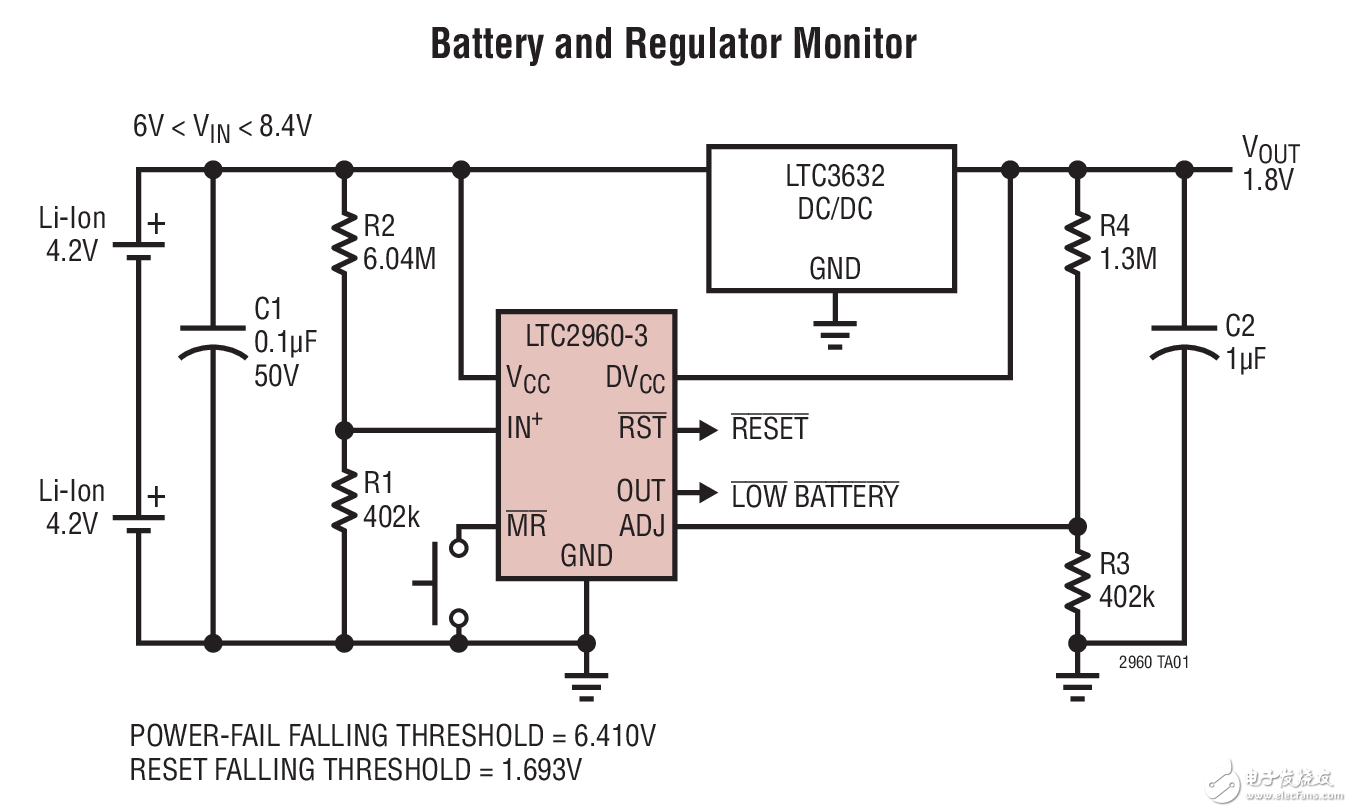 Battery and Regulator Monitor锂离子电池和稳压器监视器电路图