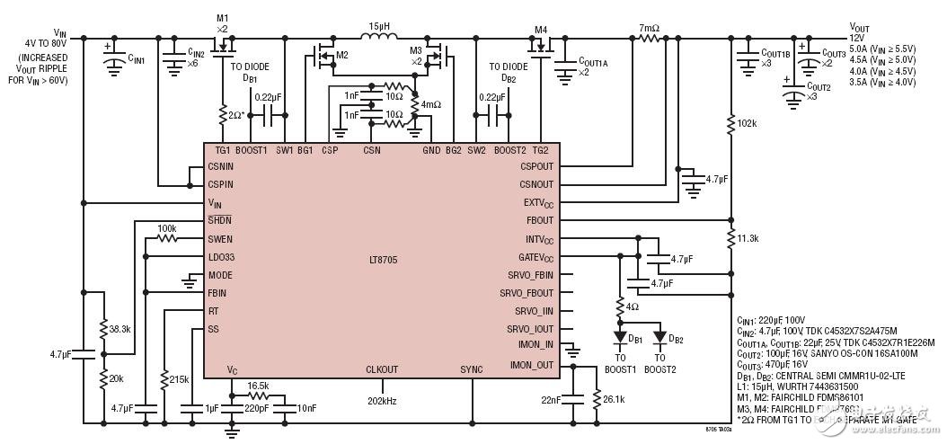 12V Output Converter Accepts 4V to 80V Input (5.5V Minimum to Start)12V输出转换器可接受4V至80V输入电路图(5.5V最小起动电压)