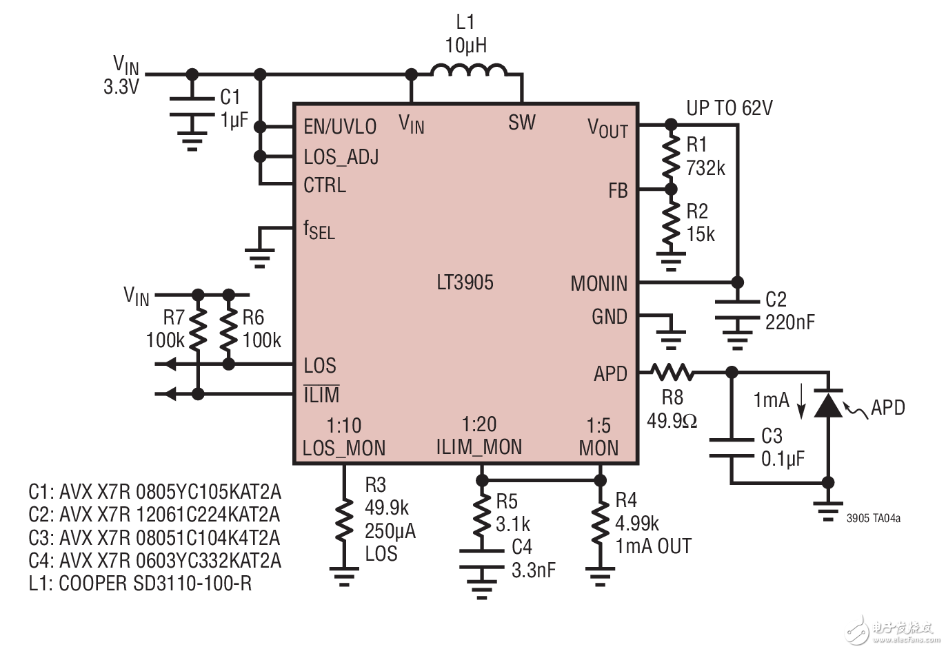Wide Output Range Constant Current APD Driver宽输出电压恒定电流APD驱动器电路图