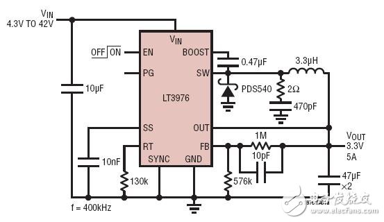 4.3V to 42Vin 3.3V@5A Step-Down Converter4.3V~42VIN至3.3V/5A输出的降压型转换器电路图
