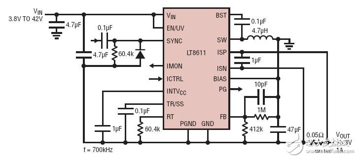 ???3.3V Negative Converter with 1A Output Current Limit具1A输出电流限值的-3.3V负转换器电路图