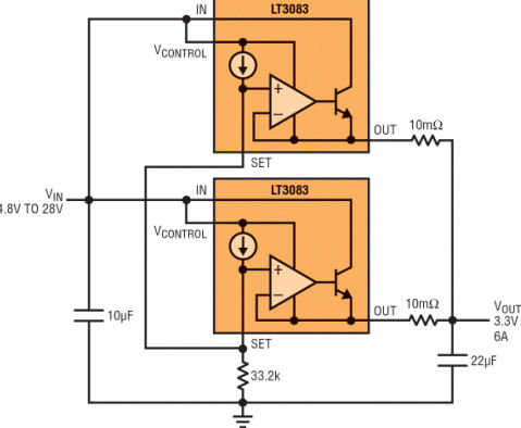 图3:将多个稳压器并联以实现更大的电流并分散热量
