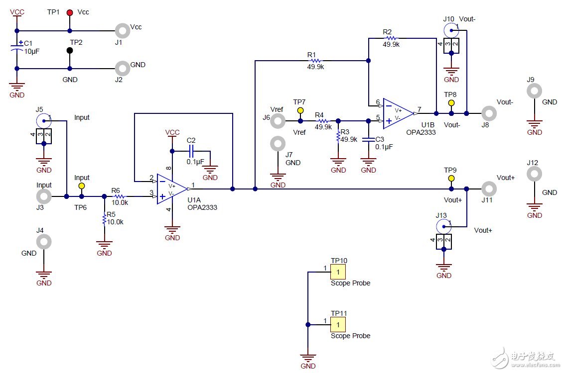 单端输入至差分输出转换电路参考设计电路图