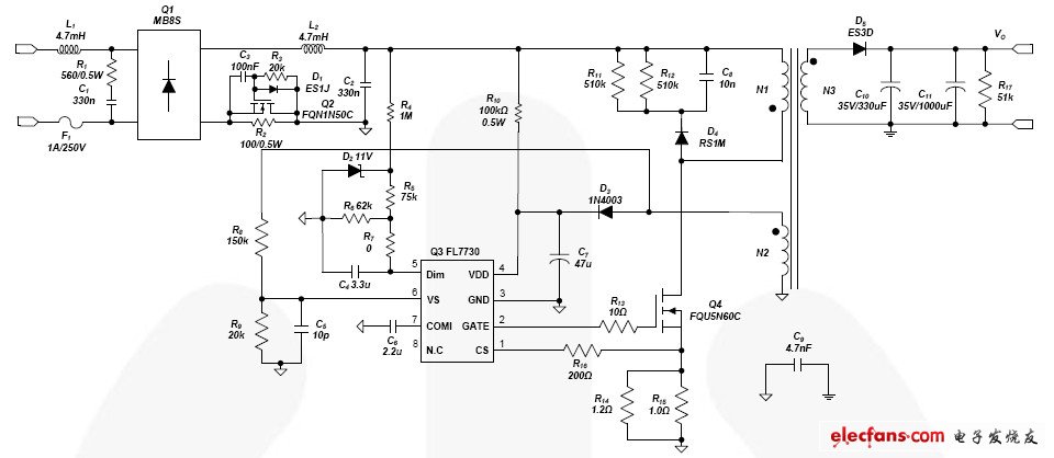 采用FL7730的TRIAC调光LED驱动器原理图