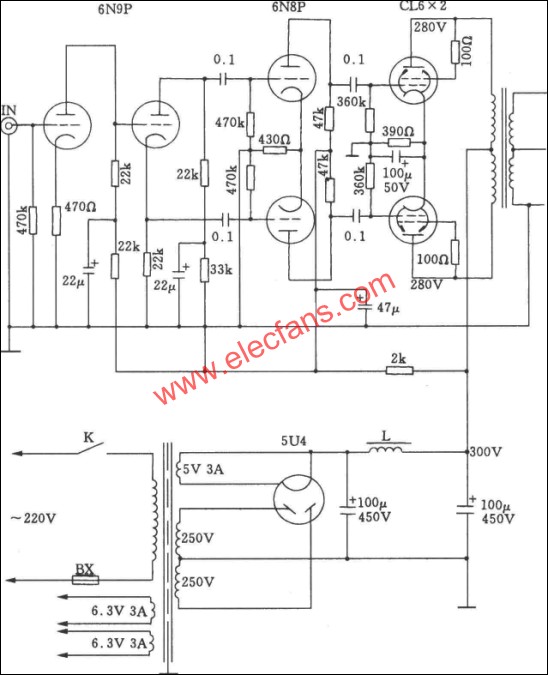 6L6A类电子管推挽功放电路图
