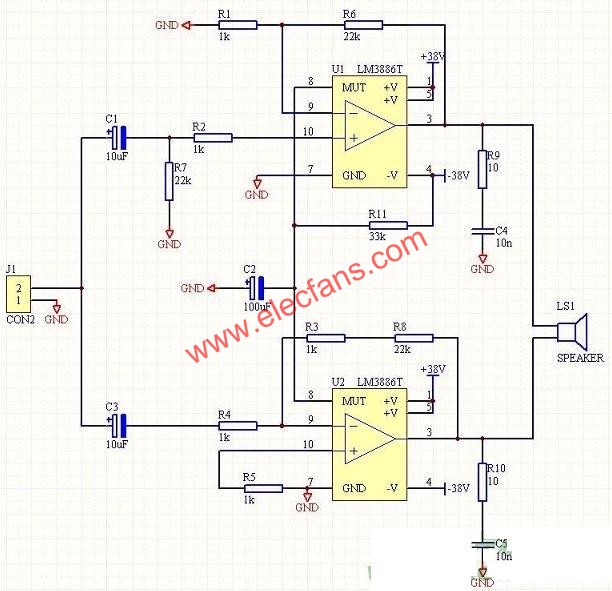 LM3886 BTL功放电路图