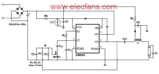 用GR6953制作的预热及无灯电子镇流器电路图