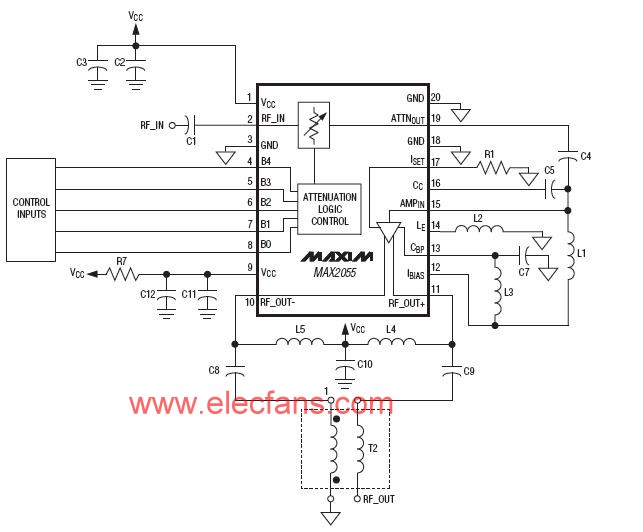 MAX2055应用电路(差分模数转换器(ADC)驱动器/放大