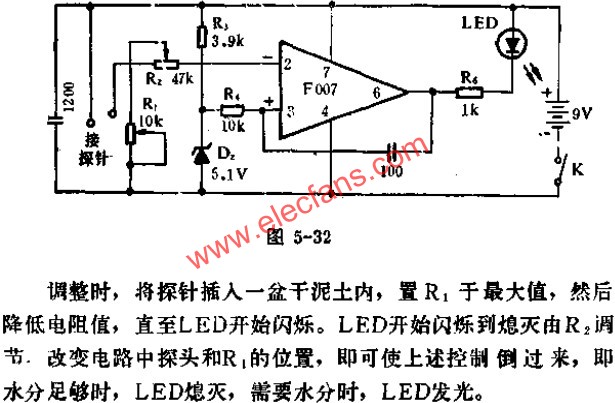 F007运放组成的水分检测器电路图