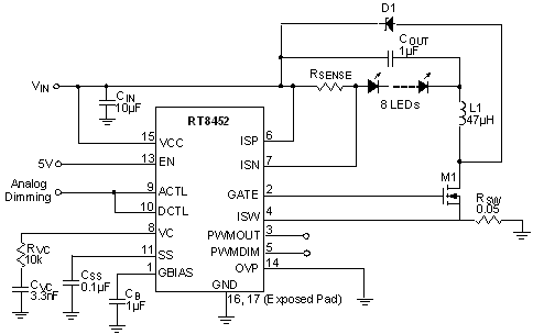 RT8452应用电路 (高电压高电流LED驱动器控制器)