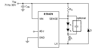 RT8470应用电路 (1.2A/1A，迟滞，高亮度LED驱