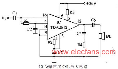 TDA2612设计的10W单声道OTL功率放大电路