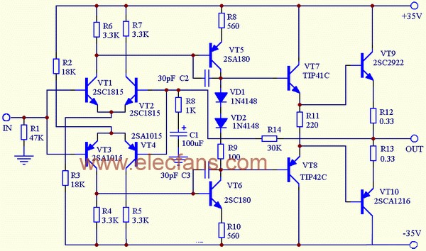 100W互补功率放大电路图