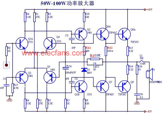 50W-100W功率放大器电路