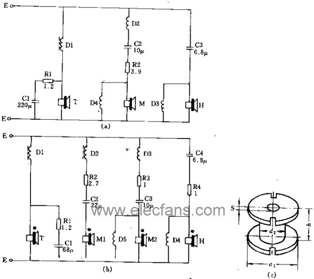 高保真扬声器用3路和4路分频器电路图