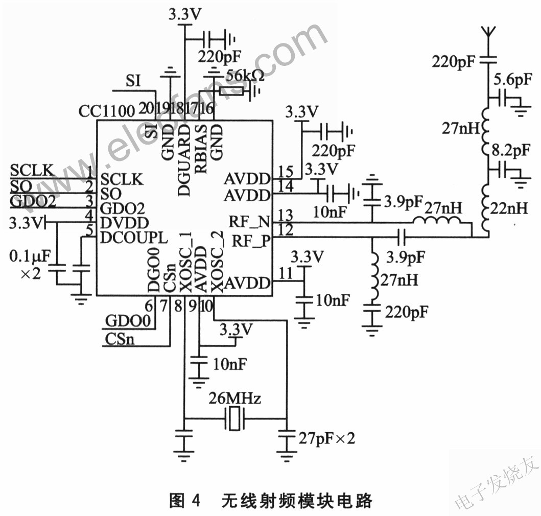 采用CC1100的无线射频模块电路图