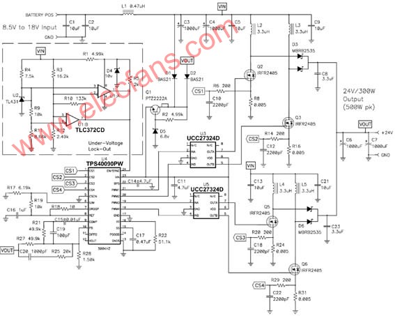 车载音频放大器的 300W 、4 相升压转换器电路图