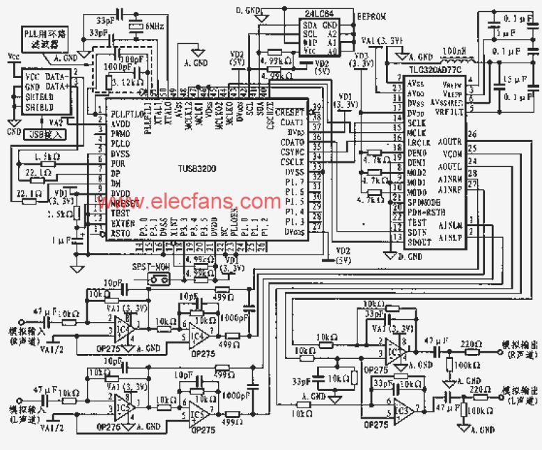 TUSB3200双声道输入/输出的所向播放/录入应用电路