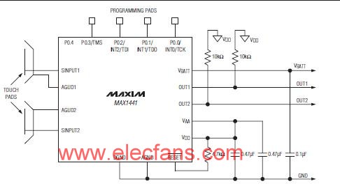 MAX1441双通道接近检测和触摸传感器应用电路