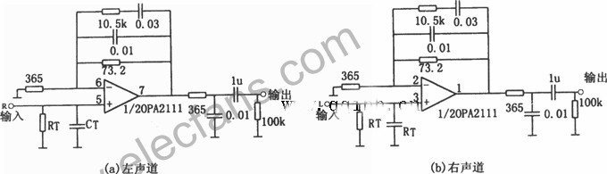 OPA2111设计的均衡立体声前置放大电路