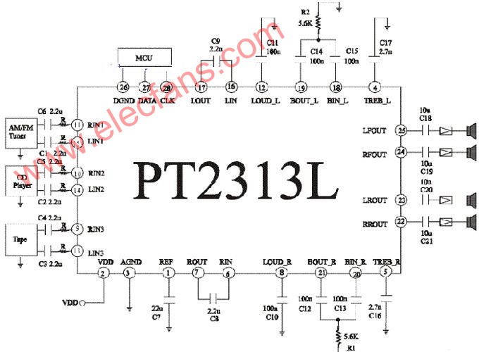 PT2313设计的低音炮电路图