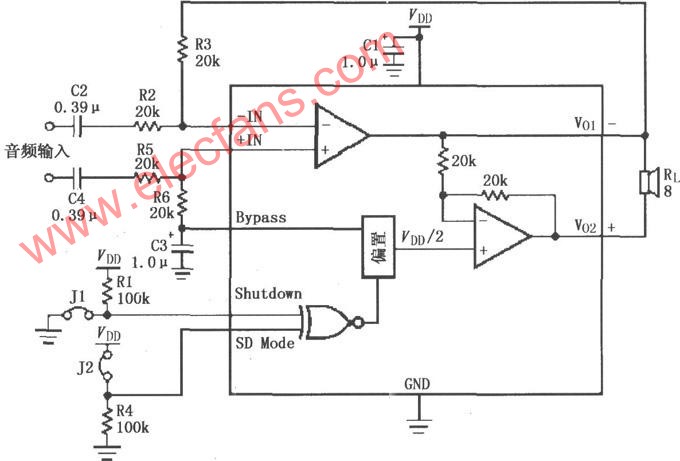 LM4901设计的差分输入音频放大电路