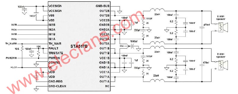 立体声BTL D类功率放大电路图