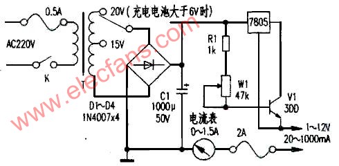 由7805构成的1-12V恒流充电电路