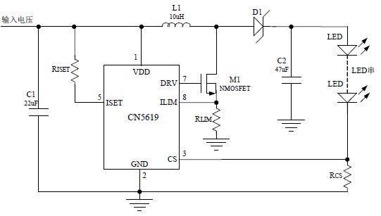 CN5619典型应用电路(LED电流小于/大于350 毫安)