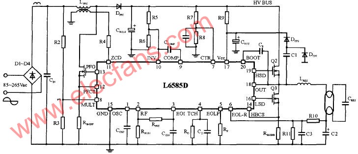 采用LJ6585D的高功率因数荧光灯电子镇流器电路