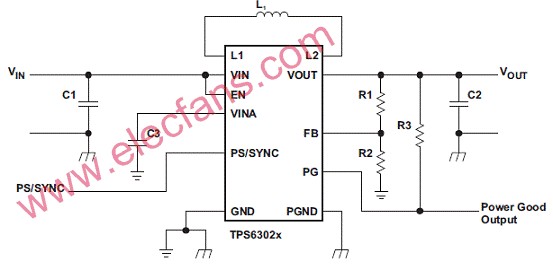 TPS6302x应用电路（可调输出电压）