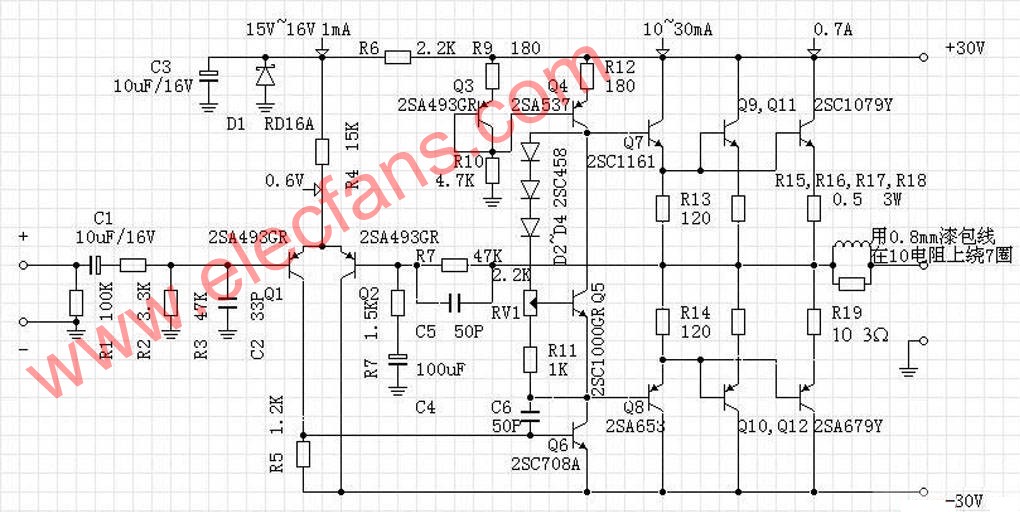 30W甲类OCL后级放大器电路图