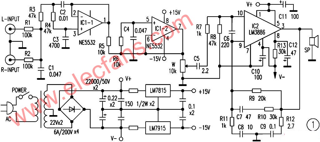 LM3886+NE5532构成的超低音功放电路图