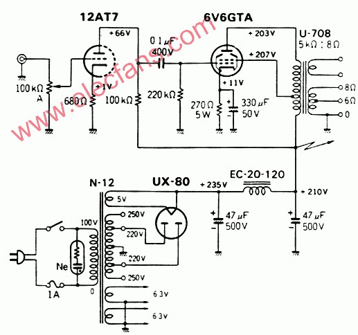 6V6 SE 12AT7胆机电路原理图