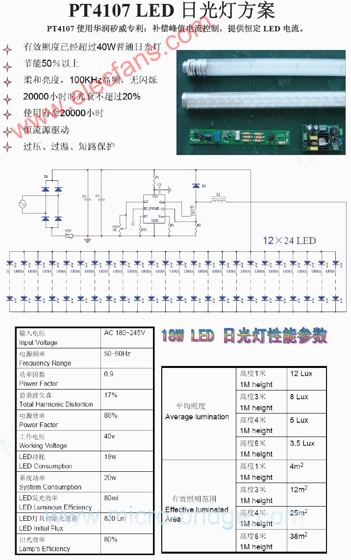 PT4107 LED日光灯解决方案(18W LED日光灯)