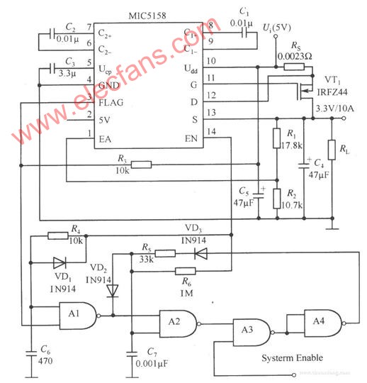 MIC5158姐成的具有短路保护功能的5V、3.3V/10A