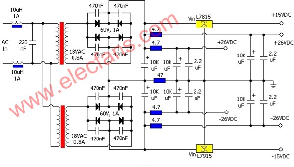 正负15V,正负26V输出电源电路