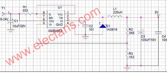 MC34063构成的24V转5V稳压电源电路