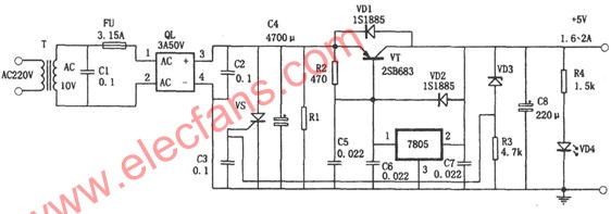 具有扩流和过压保护功能的5V稳压电源电路(7805)