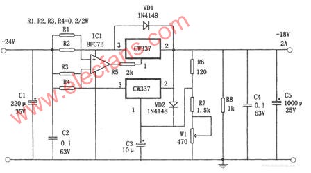 CW337组成并联扩流的-18V、2A电源电路